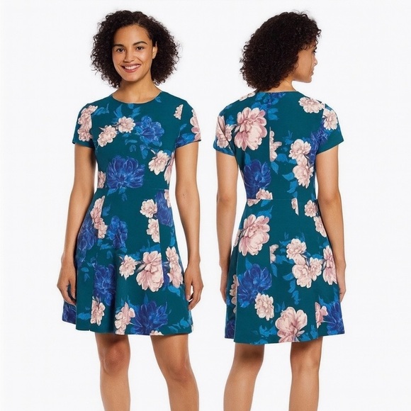 Eliza J Floral Fit & Flare Dress Teal Pink Blue Garden Party Wedding Guest Sz 6 - Picture 1 of 12